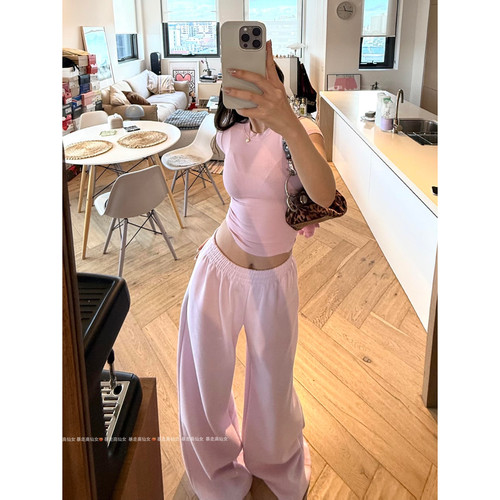 粉紫色无抽绳卫裤高个子女生加长