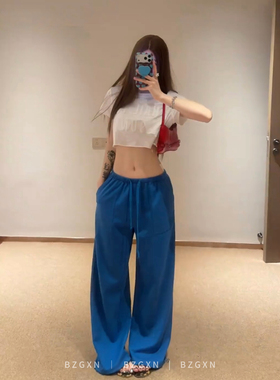 暴走高仙女高个子高妹版蓝色阔腿裤女2026夏季薄款慵懒风直筒休闲