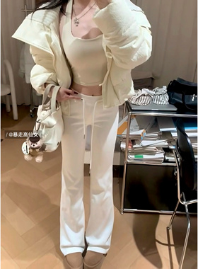 加绒裤子白色加厚加长微喇叭裤175高个子2025新款显瘦拖地马蹄裤