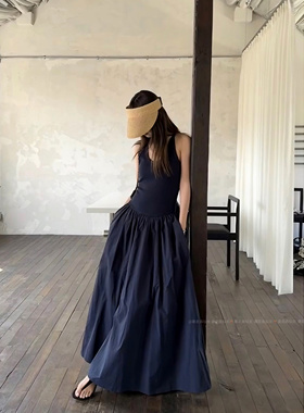暴走高仙女175高个子加长藏青色无袖背心拼接吊带连衣裙显瘦长裙