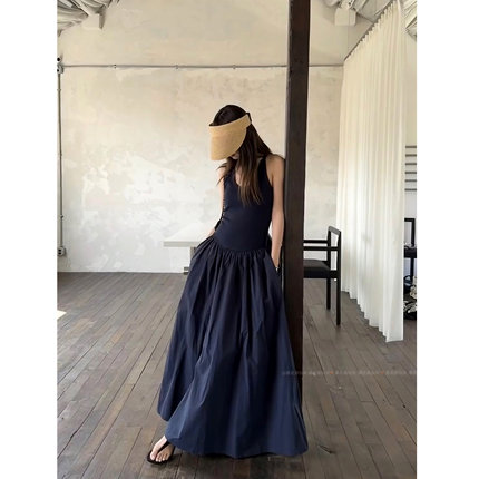 暴走高仙女175高个子加长藏青色无袖背心拼接吊带连衣裙显瘦长裙