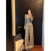 慵懒风条纹阔腿女宽松针织休闲裤 暴走高仙女高个子加长版 春夏新款