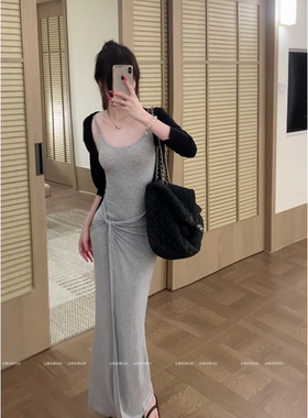 暴走高仙女高个子加长版灰色吊带连衣裙女夏季修身鱼尾长裙包臀裙