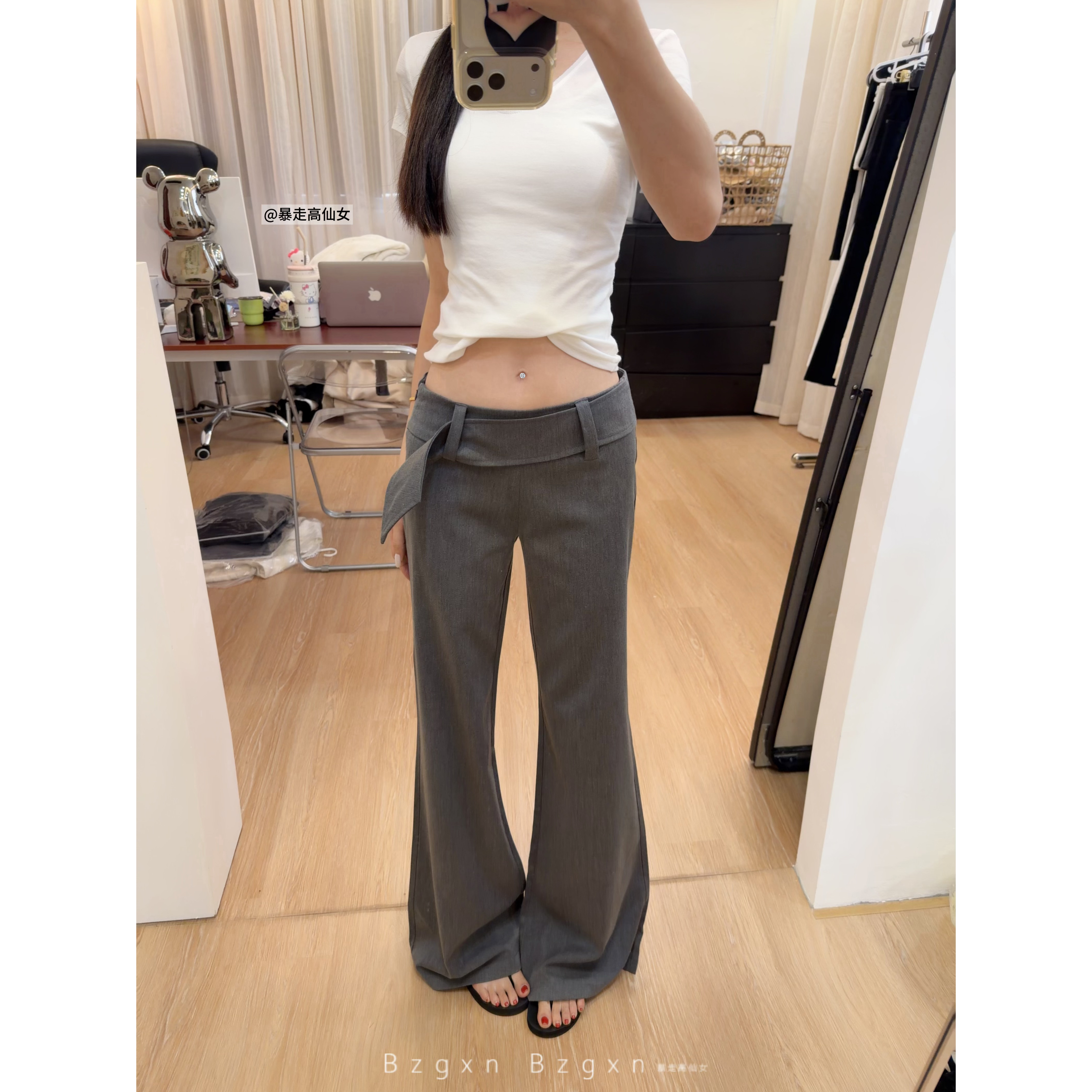 高个子灰色低腰微喇西装裤女宽松图片