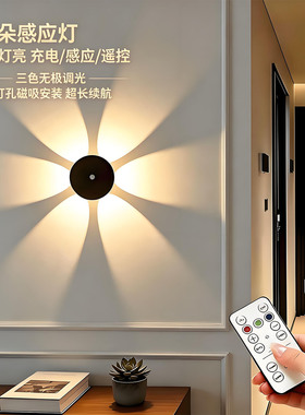 花朵感应灯免打孔走廊充电款LED人体感应遥控铝材磁吸背景墙壁灯