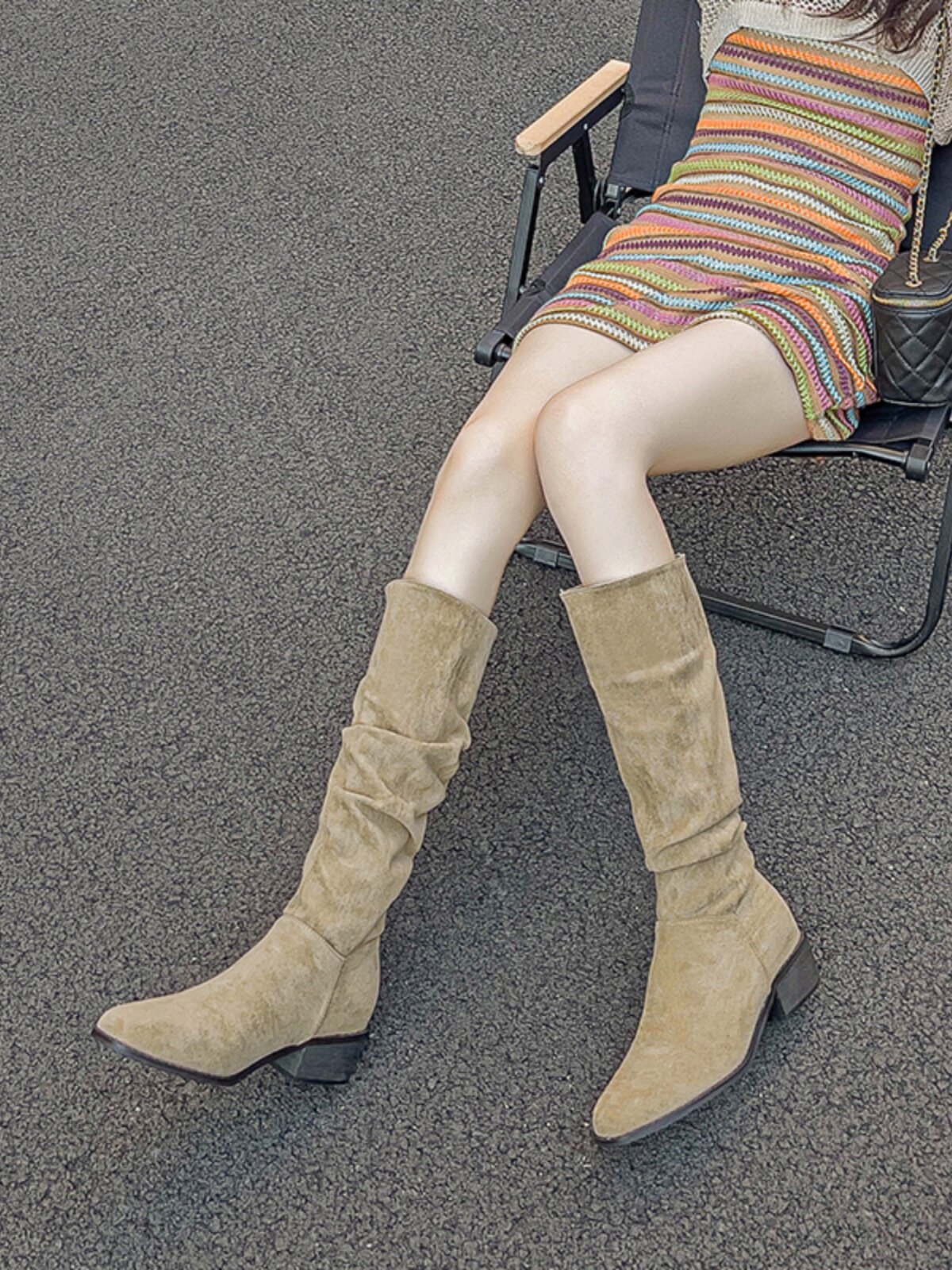 WINTER HEIGHT 8CM PILE BOOTS HIGH HEEL PLEATED BOOTS WOMENS SMALL SIZE RIDER BOOTS SUEDE WESTERN COWBOY BOOTS