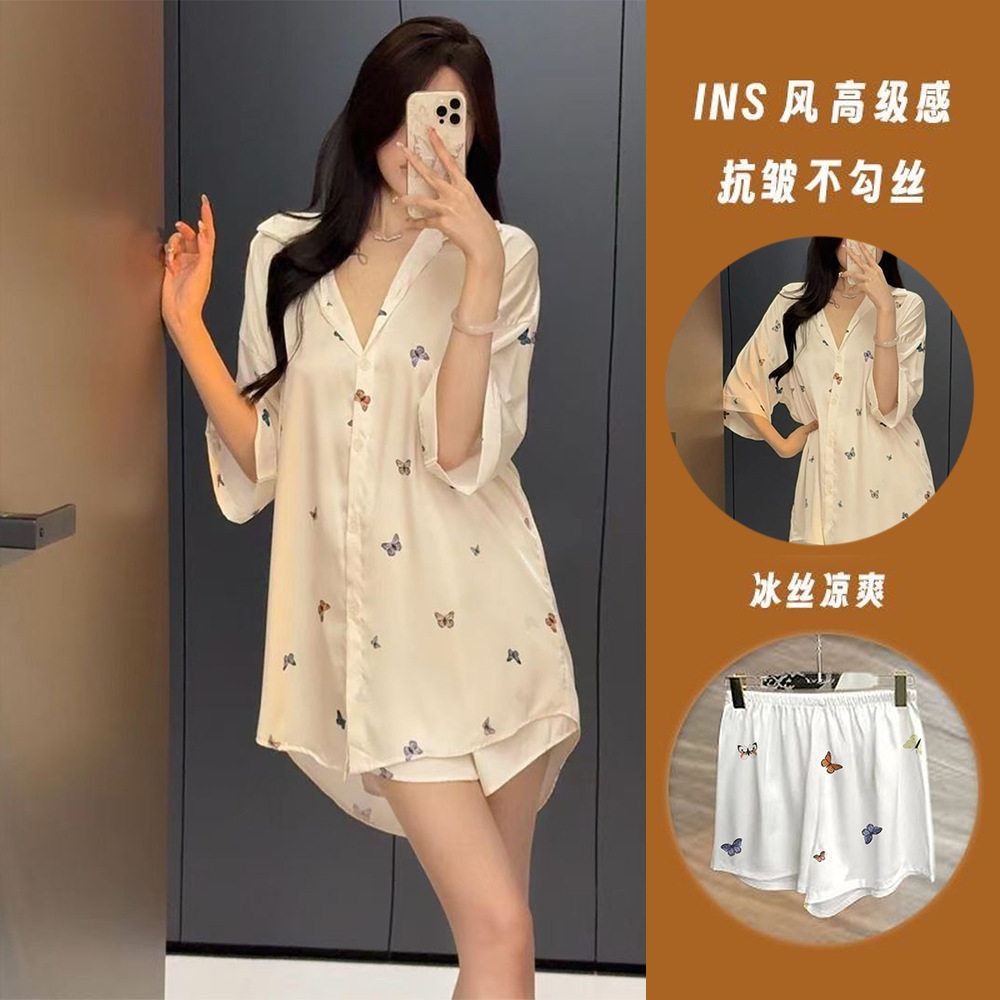 法式冰丝睡衣女士纯欲网红宽松大码丝绸衬衫睡裙套装可外穿家居服