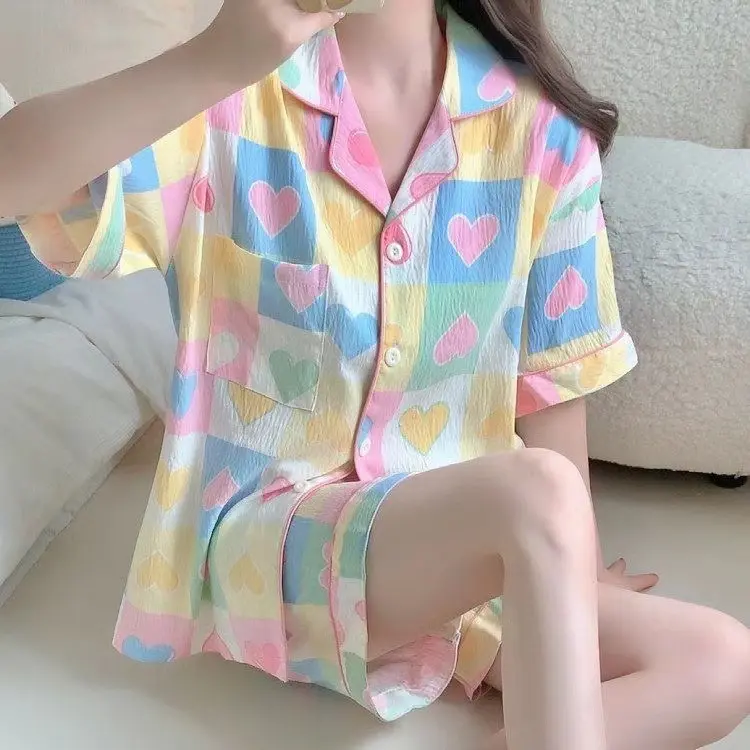 云朵棉新款睡衣女夏季简约格子桃心印花可外穿短袖短裤家居服套装