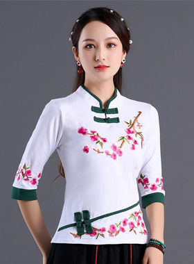 七分袖中袖民族风春夏秋绣花棉女
