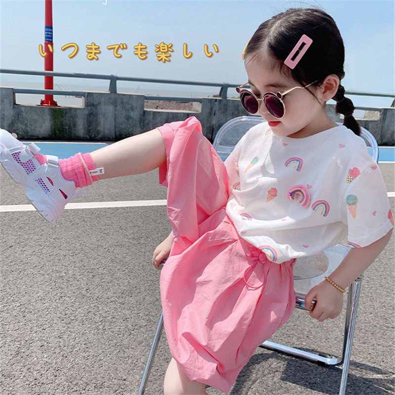女童时髦套装夏韩版纯棉短袖t恤哈伦裤宝宝防蚊七分裤儿童两件套