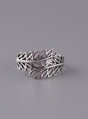 复古风森系树叶戒指女生简约高级感个性镂空叶子橄榄枝条开口指环