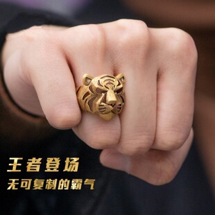 新中式国潮霸气老虎戒指黄铜镂空虎头开口指环十二生肖本命年虎年