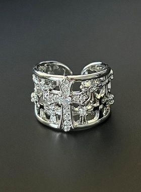 欧美风夸张个性复古暗黑十字架戒指镂空花纹时尚女生开口指环配饰