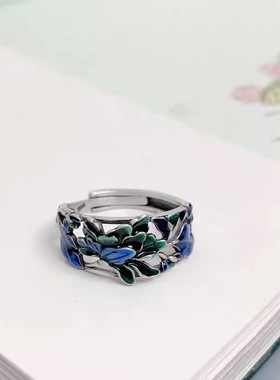 国潮新款牡丹戒指女生珐琅彩滴胶烧蓝花朵开口指环简约高级感手饰