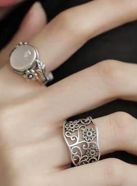 新中式复古花朵树叶戒指滴胶彩脂石女白月光文艺开口指环镂空个性