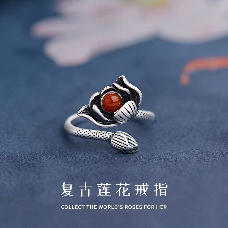 复古莲花戒指民族风国潮红豆相思相守女文艺优雅开口指环小众设计