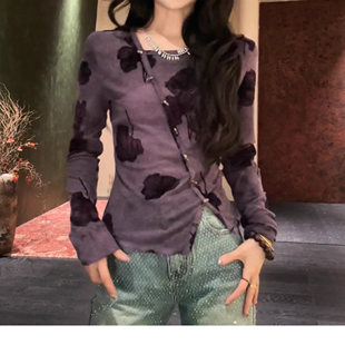 长袖 三吉 上衣2025秋冬新款 植绒印花斜襟针织打底衫 T恤 南山影