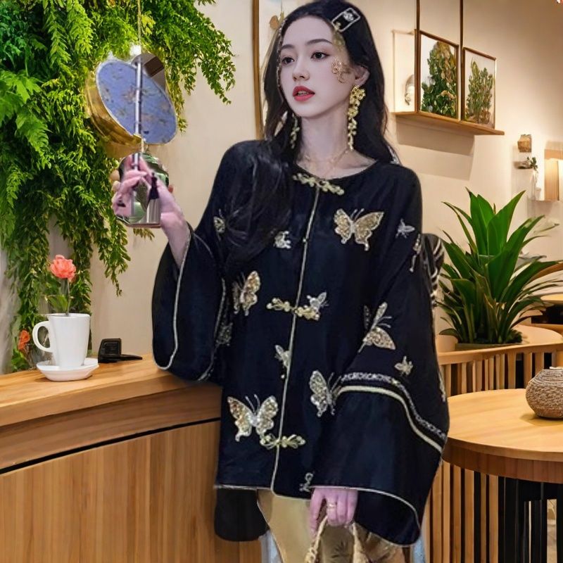 MOSS 4.09【墨色蝶梦】国风新中式人丝云肩+蝴蝶珠绣外套两件套