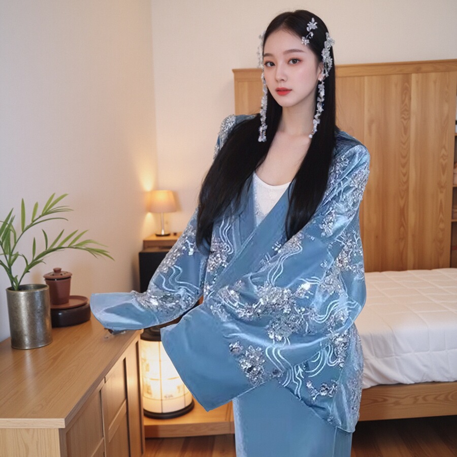 MOSS【碧月玉珠】国风新中式丝绒亮片绣斜襟外套鱼尾裙套