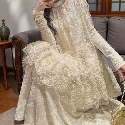 地球店【琳琅】钉珠绣花古董斗篷丝绒连衣裙女年会礼服裙秋冬