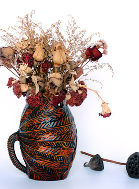 新中式风格怀旧文艺客厅莲蓬大麦乾燥花插花实木装饰复古矮花瓶摆