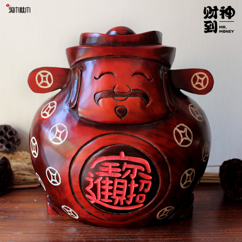 实木招财财神爷存钱罐摆件创意礼物工艺品开业送礼木质投币储蓄罐