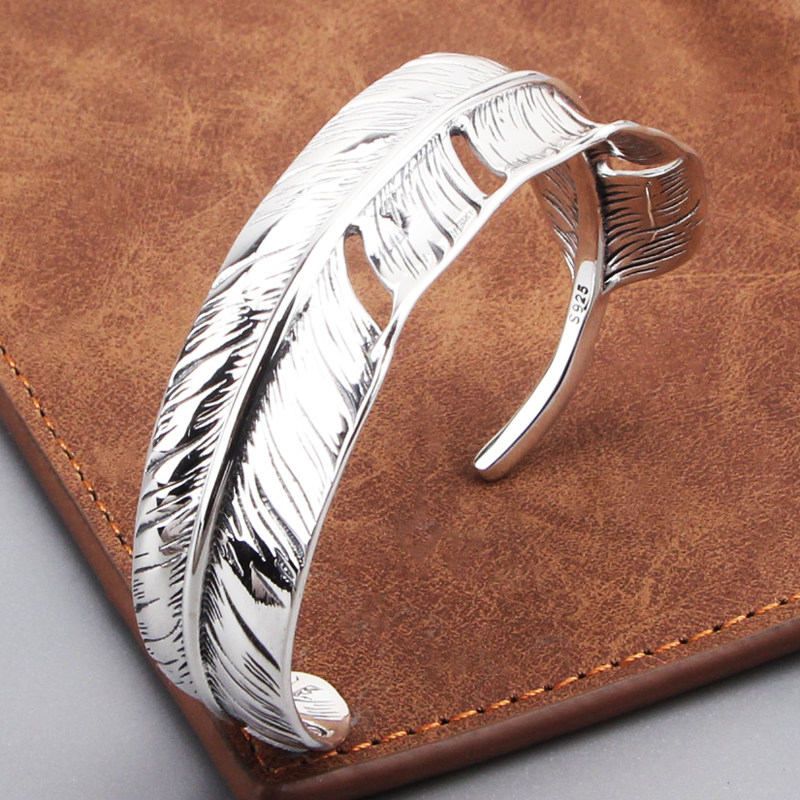 s925纯银饰日韩个性宽版高桥羽毛手镯男女个性复古潮流百搭手饰