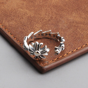 S925纯银复古做旧十字架食指戒男女同款 气质小巧街头潮流叠戴戒指