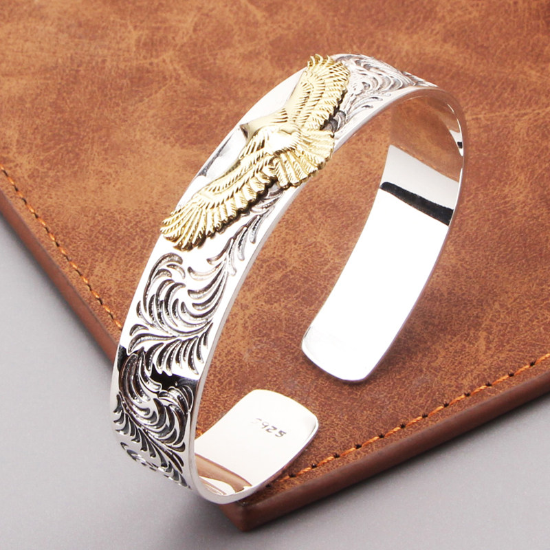 s925纯银饰品高桥点金飞鹰唐草纹手镯潮男女日系百搭复古宫廷手环