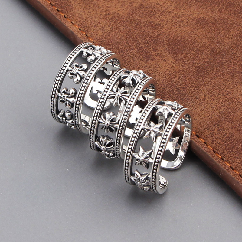 纯银十字花船锚六芒星开口镂空戒指男女复古简约百搭单身学生指环