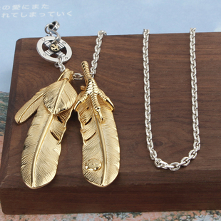百搭毛衣链潮 K金色时尚 s925纯银镀金高桥鹰爪羽毛吊坠项链 男女款