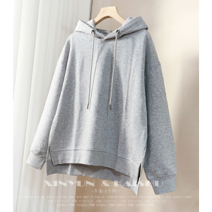 纯色薄款 灰色连帽开叉卫衣春秋连帽卫衣女宽松上衣带帽衫 套头衫