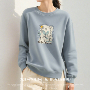 高级纯棉开叉卫衣女圆领宽松春秋薄款 下摆不收口 内搭加绒打底衫