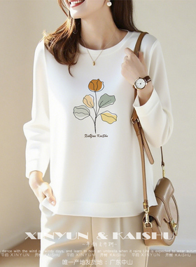 早秋长袖t恤女圆领宽松妈妈上衣春秋纯棉薄款内搭打底衫大码时尚
