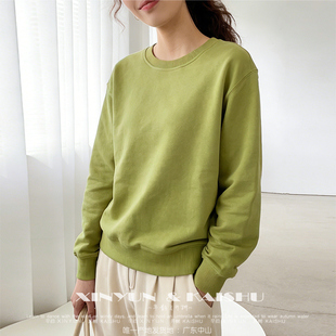 纯棉减龄卫衣女圆领毛圈棉宽松小个子内搭打底衫春秋季洋气果绿色