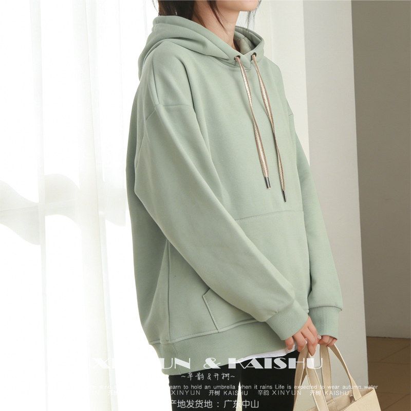 老钱通勤风连帽卫衣女冬季加绒宽松oversize浅绿色长袖上衣高级感