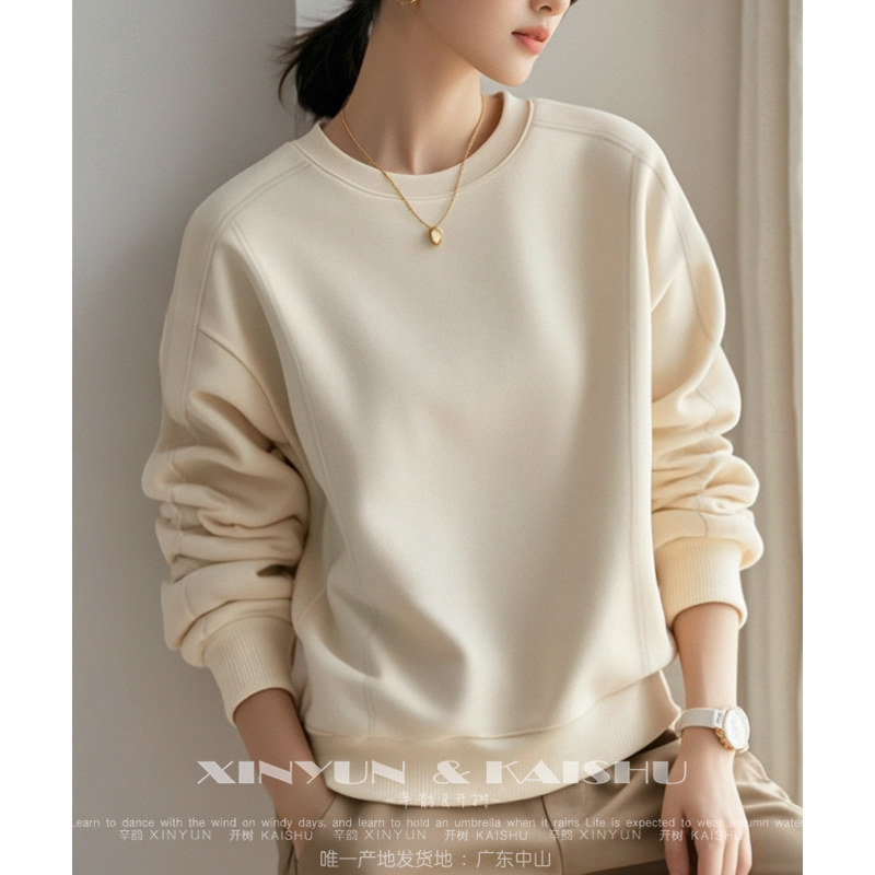 小众全棉卫衣圆领女宽松韩版杏色秋季薄款中长款oversize慵懒风