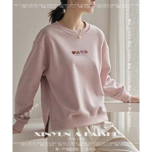 女士纯棉卫衣圆领宽松下摆不收口小众设计感秋季开叉上衣加绒秋冬