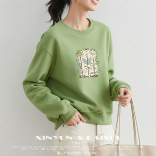 内搭绿色 打底衫 减龄洋气纯棉圆领卫衣女春秋休闲宽松冬季 加绒长袖