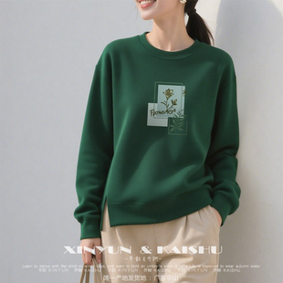 宽松下摆开叉墨绿色 加绒打底衫 女士纯棉卫衣圆领春秋款 上衣长袖