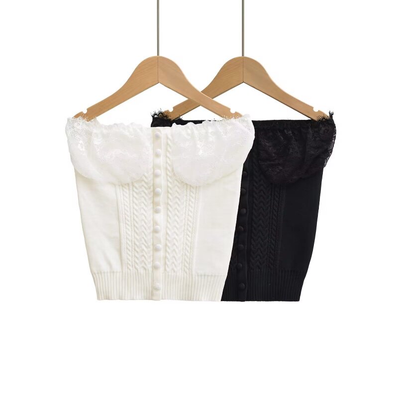 性感纯欲风蕾丝拼接麻花针织抹胸 春夏新款内搭外穿短款辣妹上衣