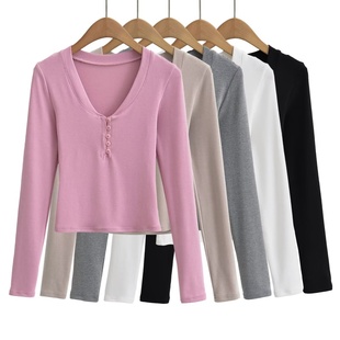 修身 上衣 弹力基础款 内搭 秋冬百搭纯色打底衫 领半开扣长袖