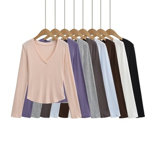 基础款 微透V领长袖 显瘦弹力内搭T恤 修身 百搭纯色上衣女 打底衫