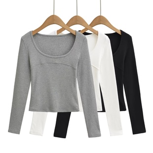 长袖 秋冬显瘦百搭纯色打底衫 上衣 内搭 弹力贴身基础款 U型领修身