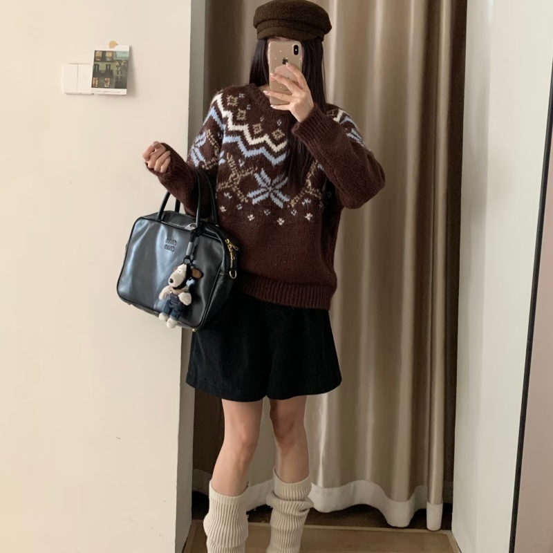 秋冬复古提花针织毛衣 棕色民族风花纹宽松圆领套头加厚保暖上衣