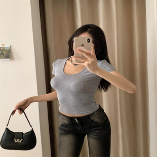 上衣T恤女 夏季 欧美ins网红风格 大V领口纯色薄款 面料针织弹力短袖