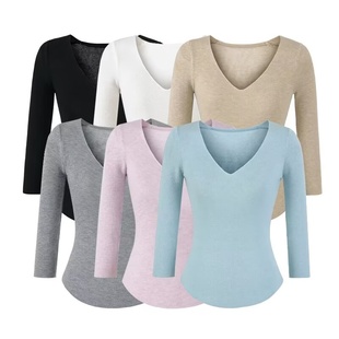 七分袖 修身 弹力内搭 秋冬百搭基础款 打底衫 领坑条针织上衣
