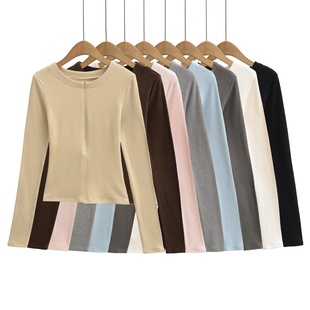 上衣 秋冬百搭简约纯色打底衫 修身 内搭T恤 显瘦基础款 全拉链长袖