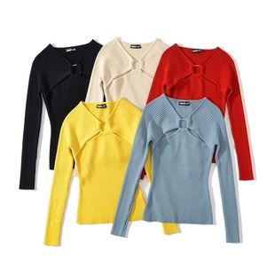 温柔风基础款 显瘦内搭 打底 设计修身 坑条针织V领环饰镂空针织衫