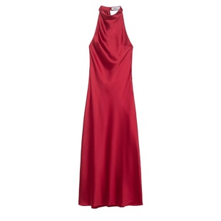 2025 年会战袍挂脖连衣裙 无袖收腰长款礼服裙 气质晚宴丝滑长裙